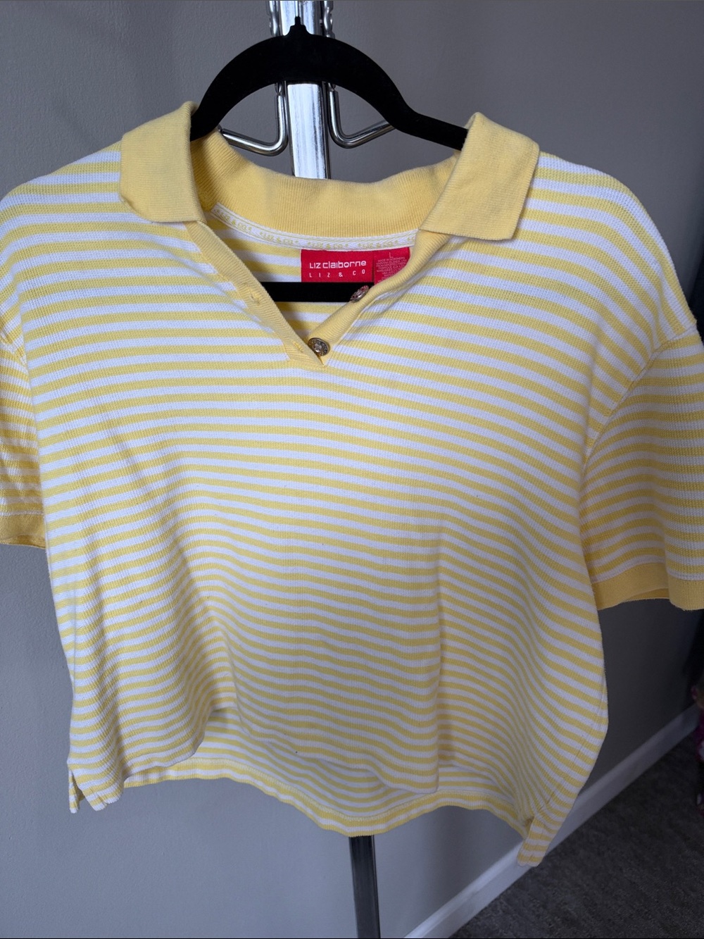 Liz Claiborne Yellow & White Striped Cropped Polo Top